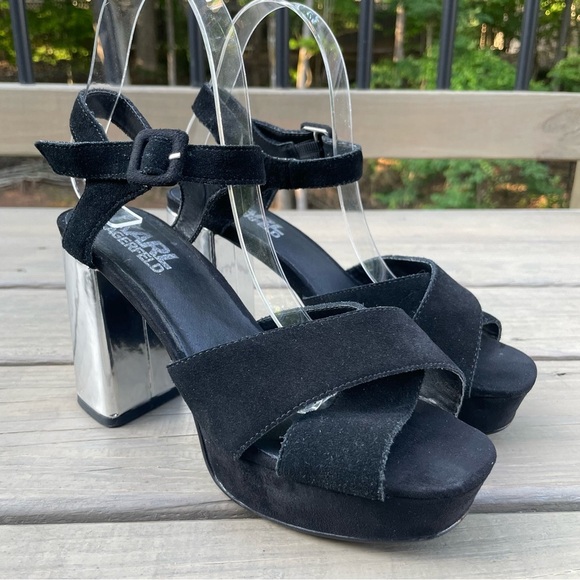 Karl Lagerfeld black suede & silver chunky heel platform ankle strap sandals 38 - Picture 2 of 16